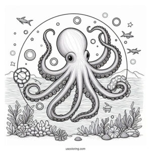 Blue Ring Octopus Coloring Page With Detailed Tentacles In Nautical Background
