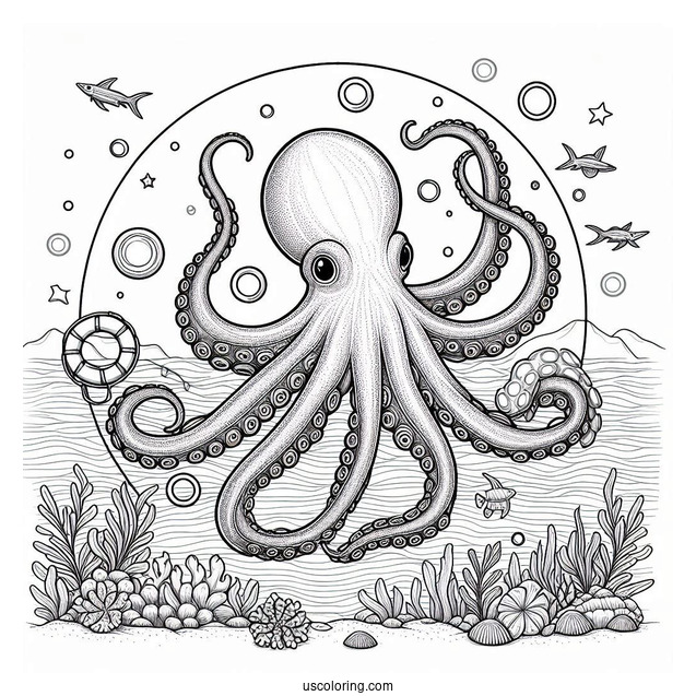 Blue Ring Octopus Coloring Page With Detailed Tentacles In Nautical Background