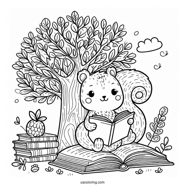 Cute Squirrel Coloring Page Reading Book On Top Of Tree
