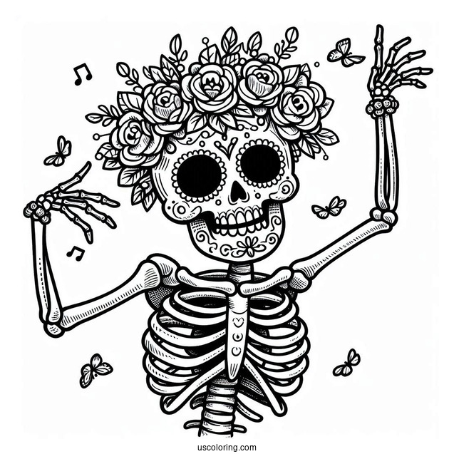 Skeleton Coloring Page Of Sugar Skull With Flower Crown Dancing