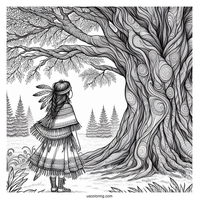 Realistic Native American Coloring Page Girl Standing Under Huge Tree
