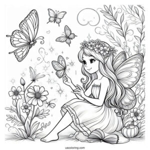 Fairy Playing With Tiny Butterflies Coloring Page