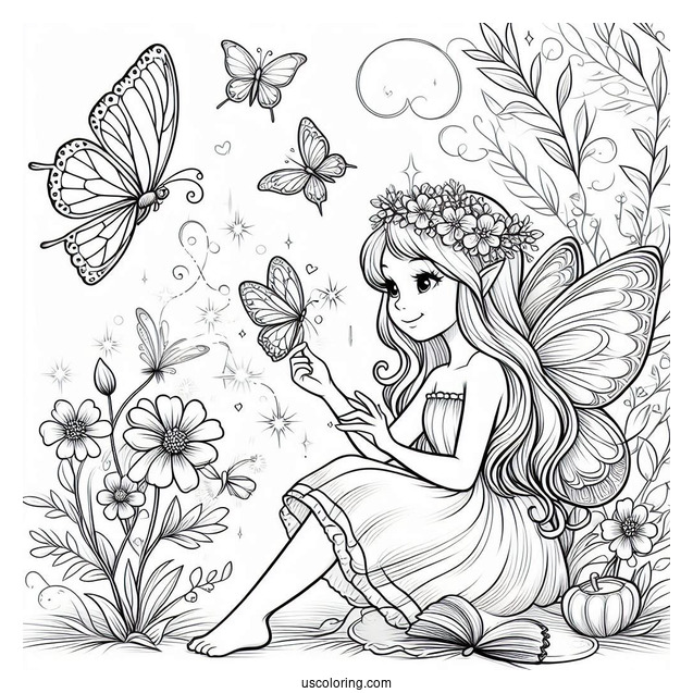Fairy Playing With Tiny Butterflies Coloring Page