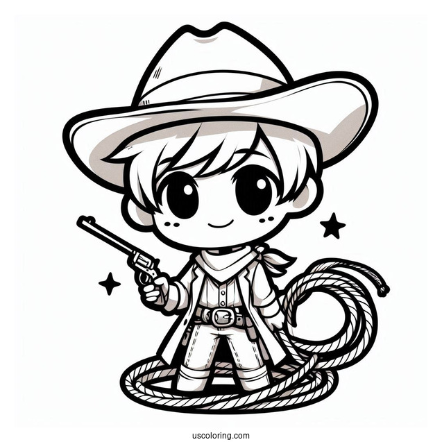 Cute Chibi Cowboy Coloring Page With A Lasso