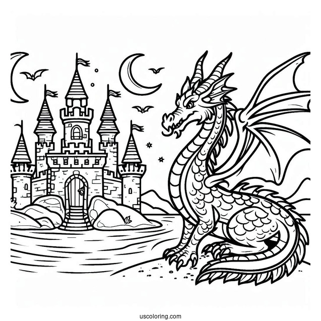 Fierce Looking Dragon Next To Castle