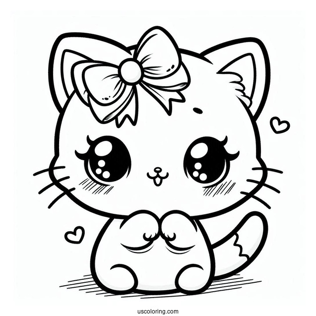 Coloring Page Of Adorable Cartoon Cat With Bow
