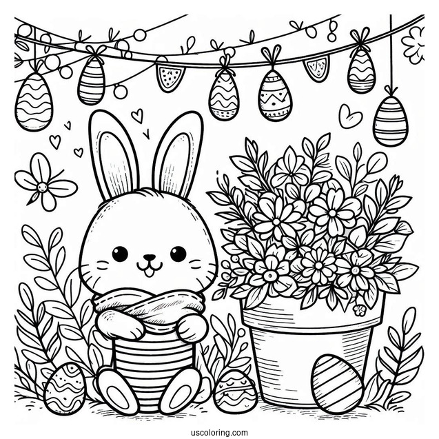 Easter Coloring Page Of Happy Easter With Bunny In A Flower Pot