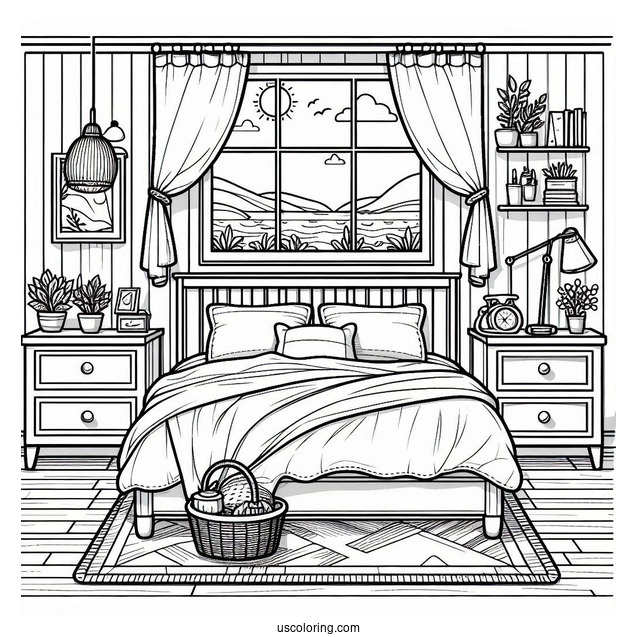 Tidy Bedroom Coloring Page With Scenic Ocean View