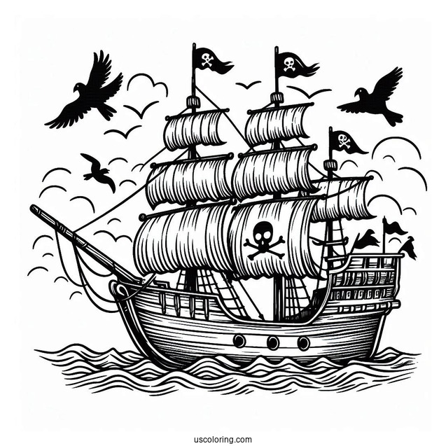 Simple Pirate Ship With Crows Nest To Color