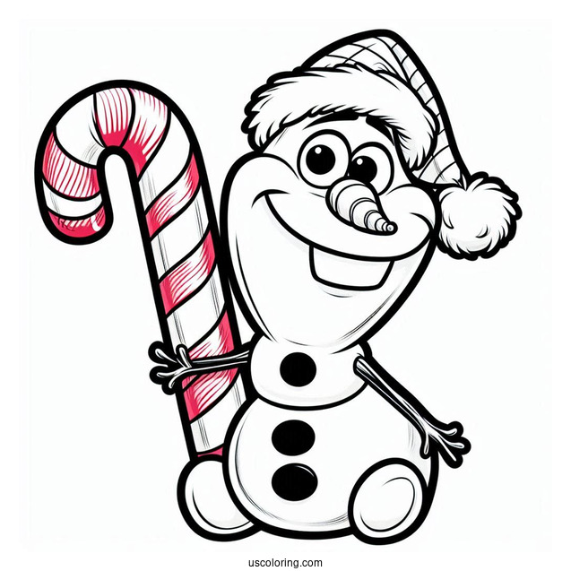Olaf Wearing Santa Hat With Candy Cane To Color