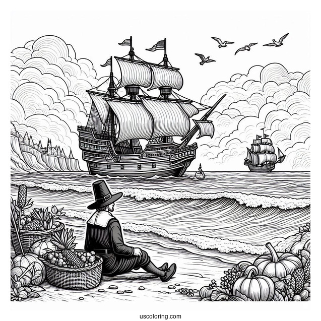 Realistic Pilgrim Coloring Page On The Shore With Ship In The Background