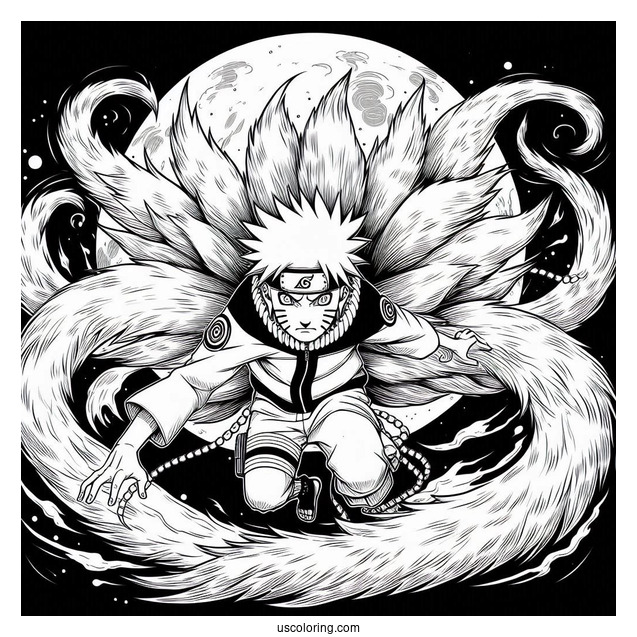 Naruto Coloring Page Of Fierce Nine Tails Under Full Moon