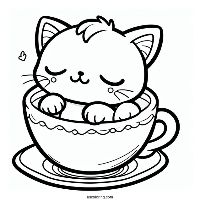 Sleepy Chibi Coloring Page Cat Resting Inside a Teacup For Preschoolers