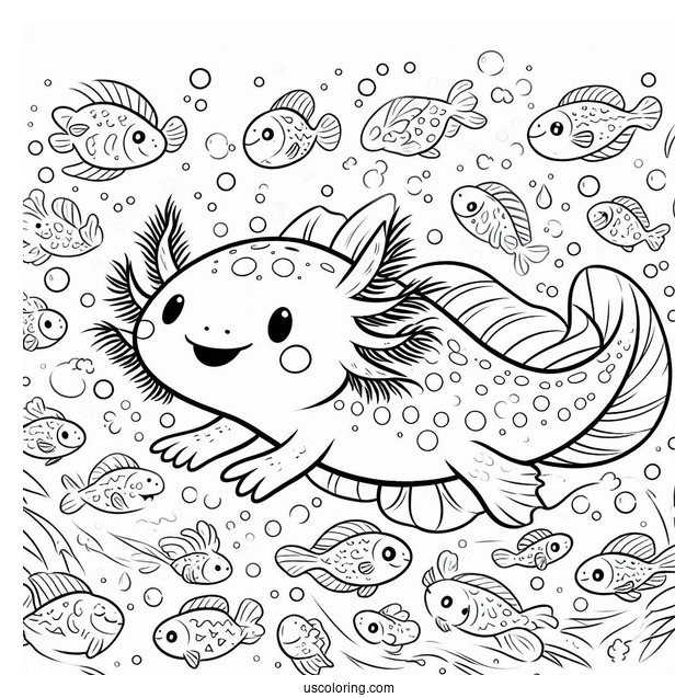 Cheerful Axolotl Coloring Page Swimming With Fishes