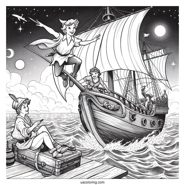 Peter Pan And Wendy Flying Over Captain Hook_s Ship Coloring Page