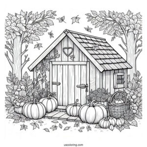 Wooden Shed Covered In Leaves And Filled With Pumpkin Coloring Page