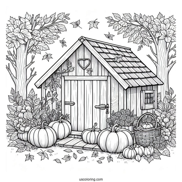 Wooden Shed Covered In Leaves And Filled With Pumpkin Coloring Page