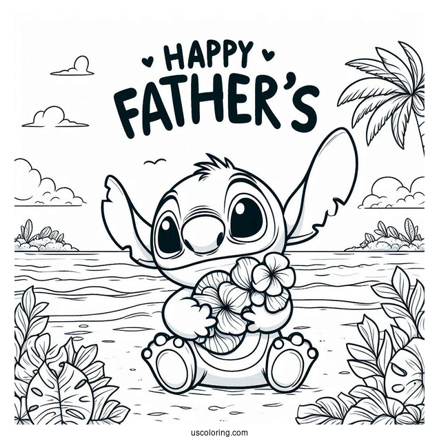 Stitch Holding Up A Father's Day Coloring Page Of Greeting At The Beach For Kids