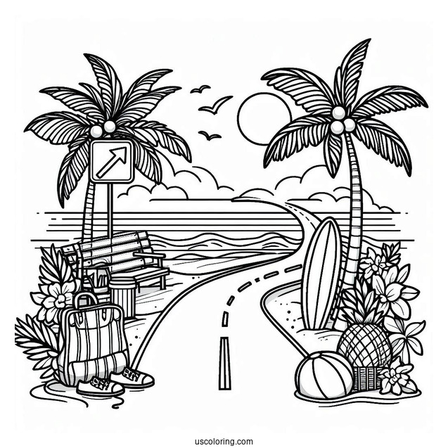 Summer Coloring Page Of Beach Scene With Road Sign, Palm Trees, And Surf Board