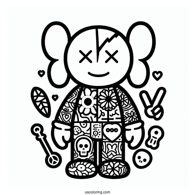 Dissected KAWS Coloring Page Companion With Hippie Elements