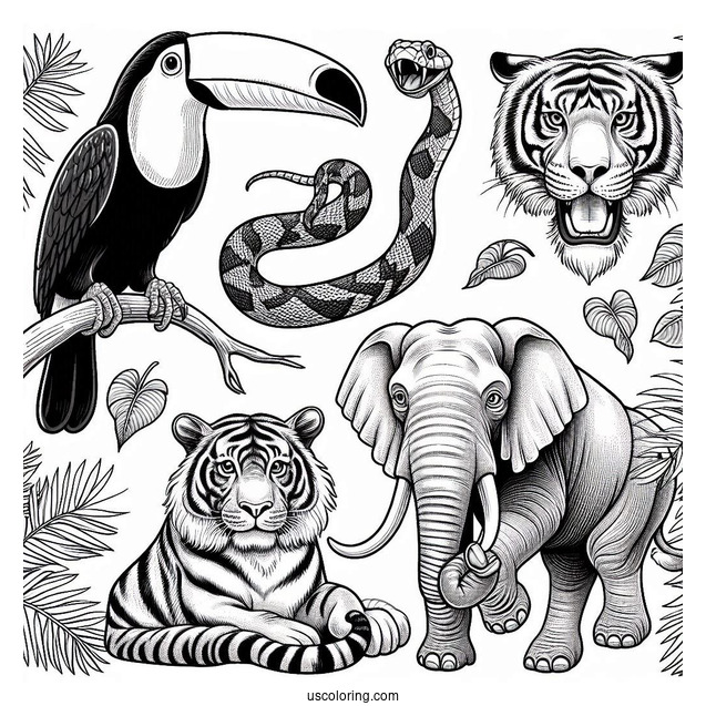 Realistic Toucan, Tiger, Snake, Gorilla, Elephant, And Monkey In Jungle Coloring Page