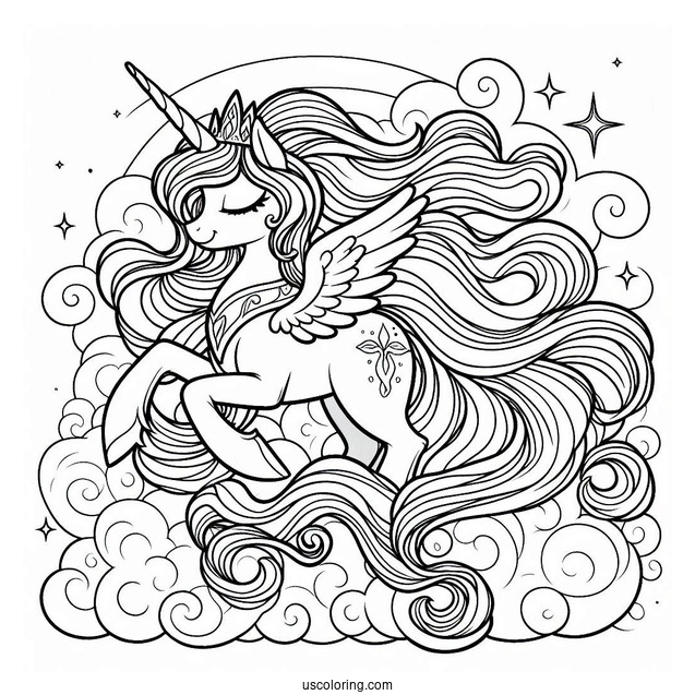 Princess Celestia Coloring Page With Flowing Mane In The Sky