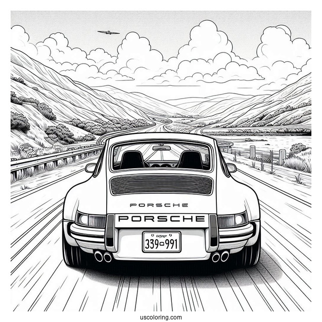 Realistic Back View Of Porsche Coloring Page On The Road