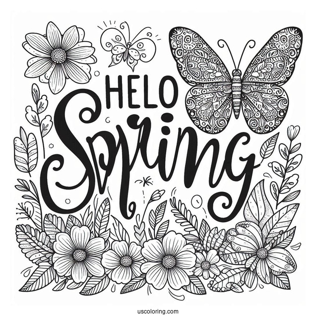 Festive Hello Spring Words With Butterfly In The Garden