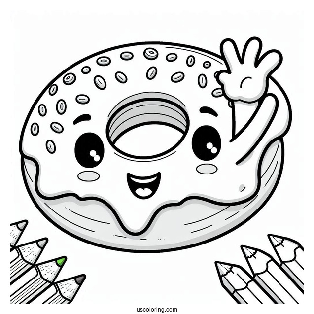 Smiling Cartoon Donut Coloring Page Waving Hand For Kids