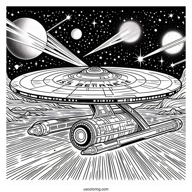 Star Trek Coloring Page Of USS Enterprise In Outer Space For Kids