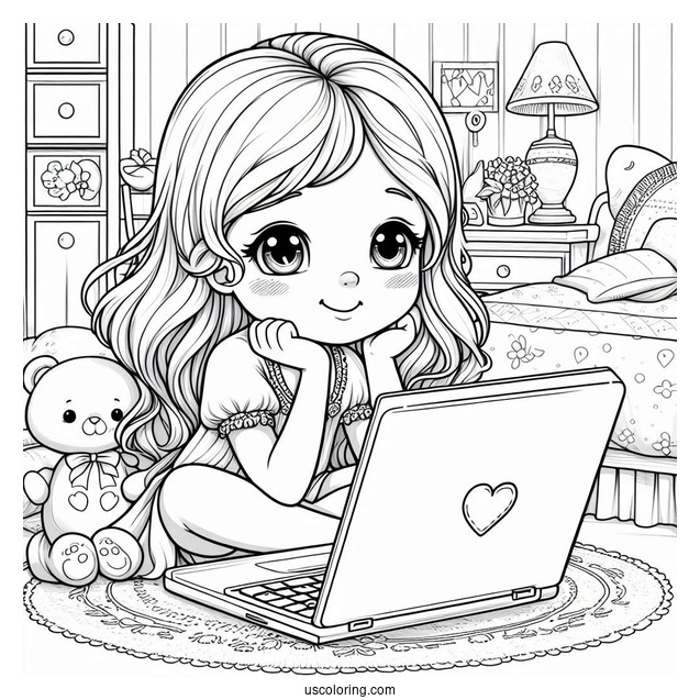 Little Girl Watching On Her Laptop While Lounging In Her Bedroom Coloring Page