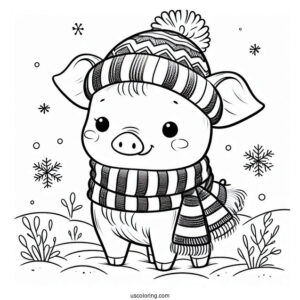 Piglet Coloring Page Wearing A Scarf in Winter