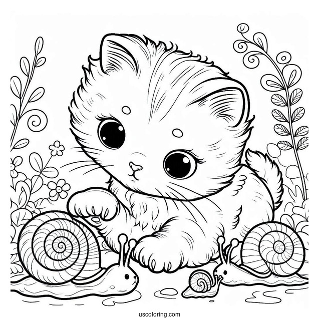 Coloring Sheet Of Kitten Playing With Snails