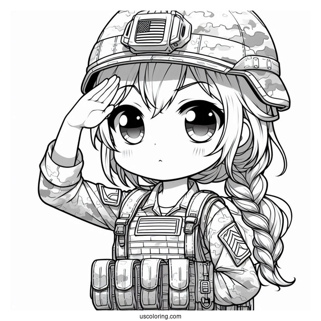 Chibi Female Soldier Coloring Page Saluting In Camouflage Uniform