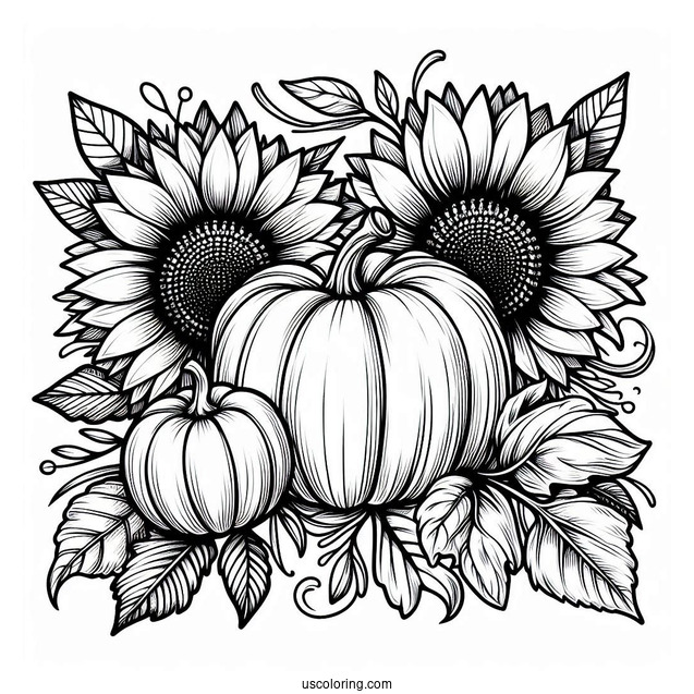Pumpkin Coloring Page Of Sunflowers, And Leaves