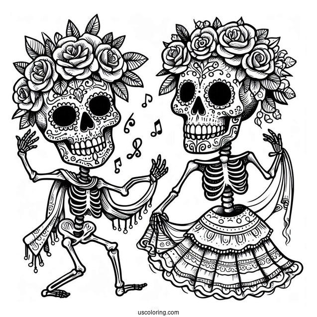 Skeleton Coloring Page Of Sugar Skull With Flower Crown Dancing