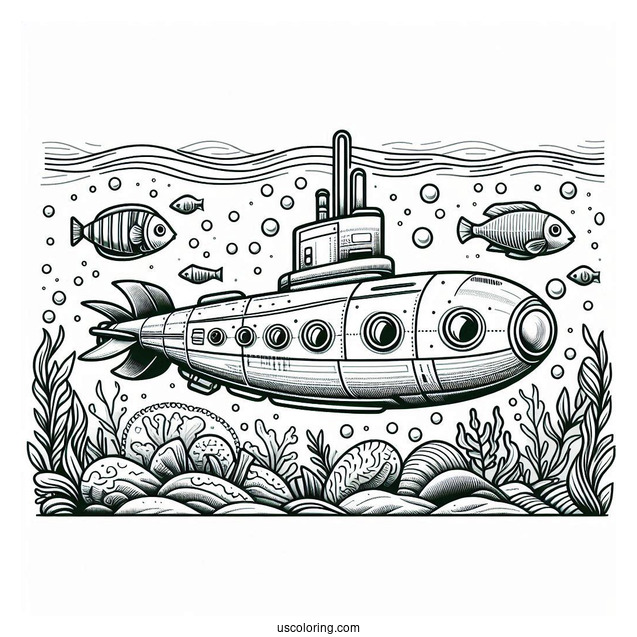 Realistic Deep Sea Submarine Coloring Page With Fish
