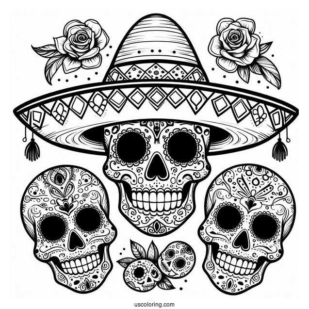 Grinning Sugar Skulls Coloring Page Wearing A Sombrero