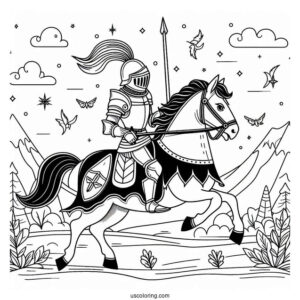 Mighty Knight On A Horse Coloring In For Preschoolers