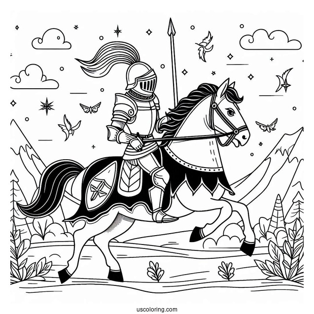 Mighty Knight On A Horse Coloring In For Preschoolers