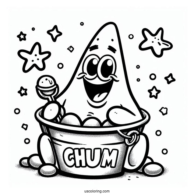 Smiling Patrick Star Coloring Page In Front Of Chum Bucket