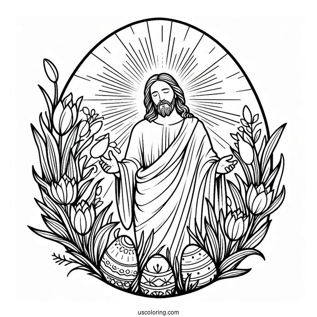 Resurrected Jesus in a Spring Easter Egg Coloring Page
