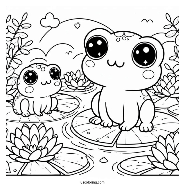 Frogs Sitting On Lily Pads In A Pond Coloring Sheet