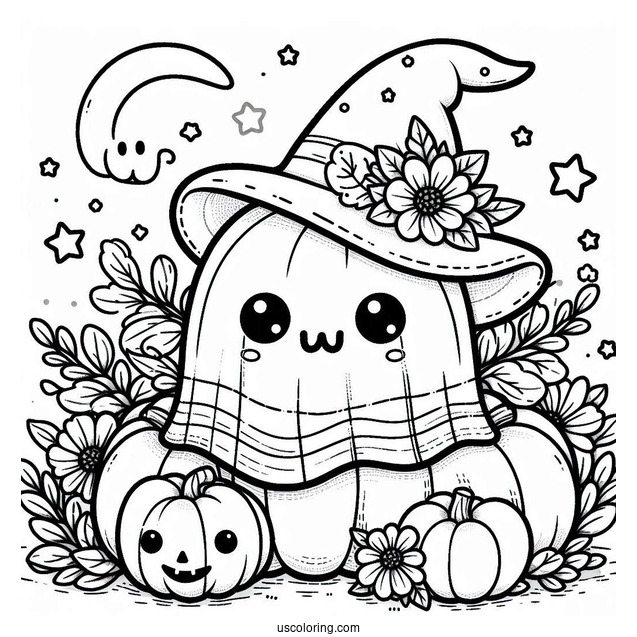 Pumpkin Coloring Page Kawaii Blanket Ghost With Witch Hat, Flowers, And Pumpkin
