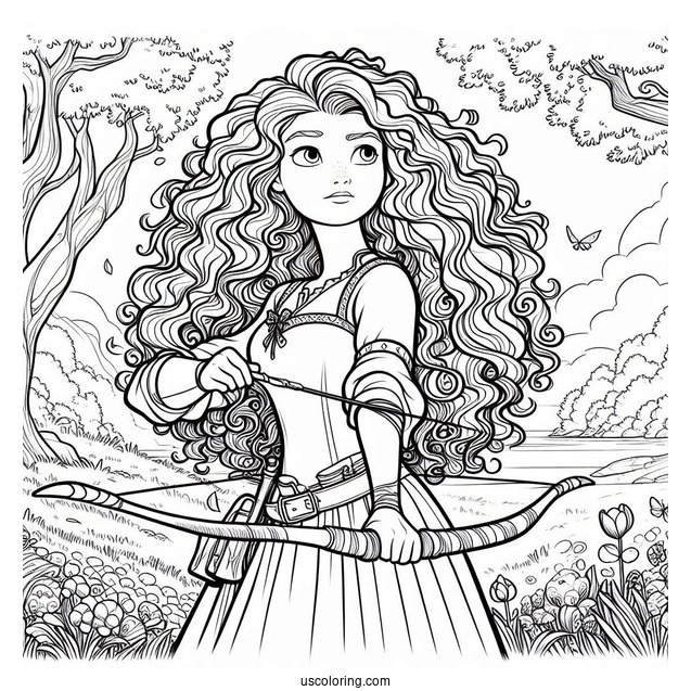 Pixar Coloring Page of Merida From Brave Holding Bow