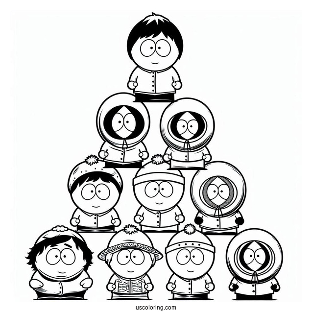 South Park Coloring Page Of Kenny, Kyle, Stan, Tolkein, Eric, And Butters Forming Pyramid