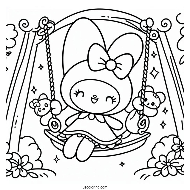 My Melody Coloring Page On A Swing With Risu