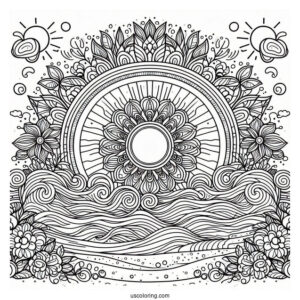 Beach Coloring Page Mandala With Large Waves