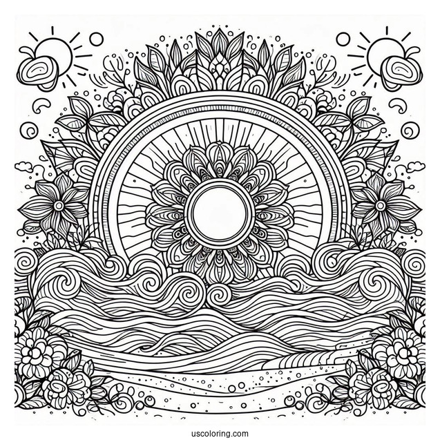 Beach Coloring Page Mandala With Large Waves