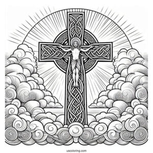 Detailed Celtic Cross Coloring Page In The Clouds With Jesus At The Center